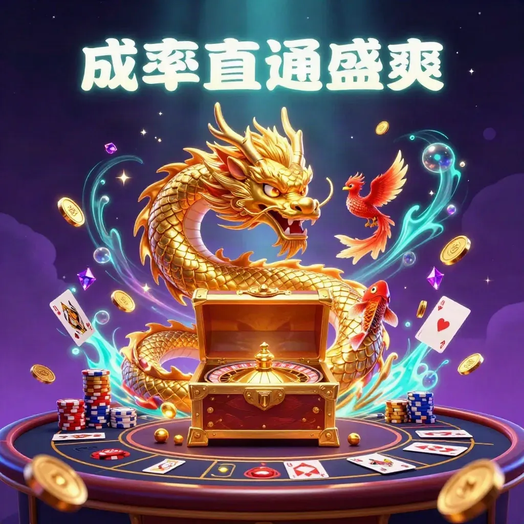 Golden dragon, phoenix and koi amid casino glow, coins, roulette wheel, cards and chips.