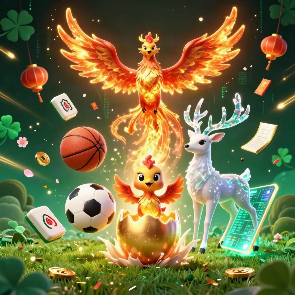 Phoenix, stag, and casino game elements erupt around a soccer ball and basketball in neon gold light.