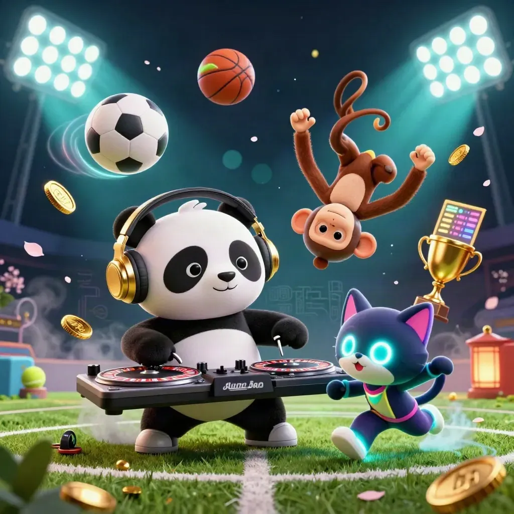 DJ panda, breakdancing monkey and glow-stick kitten with flying sports balls in neon casino light.