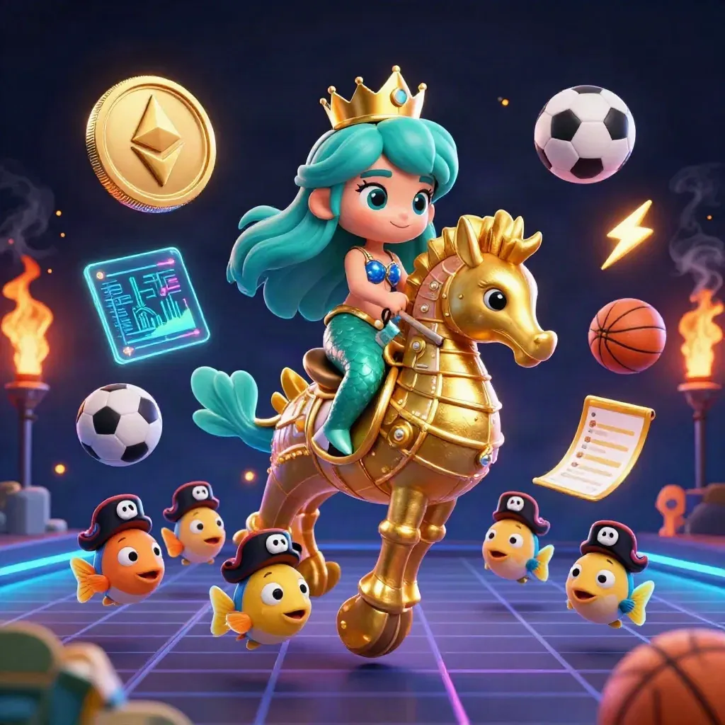 Mermaid princess on a golden seahorse amid crypto coins, fish, and neon casino energy.