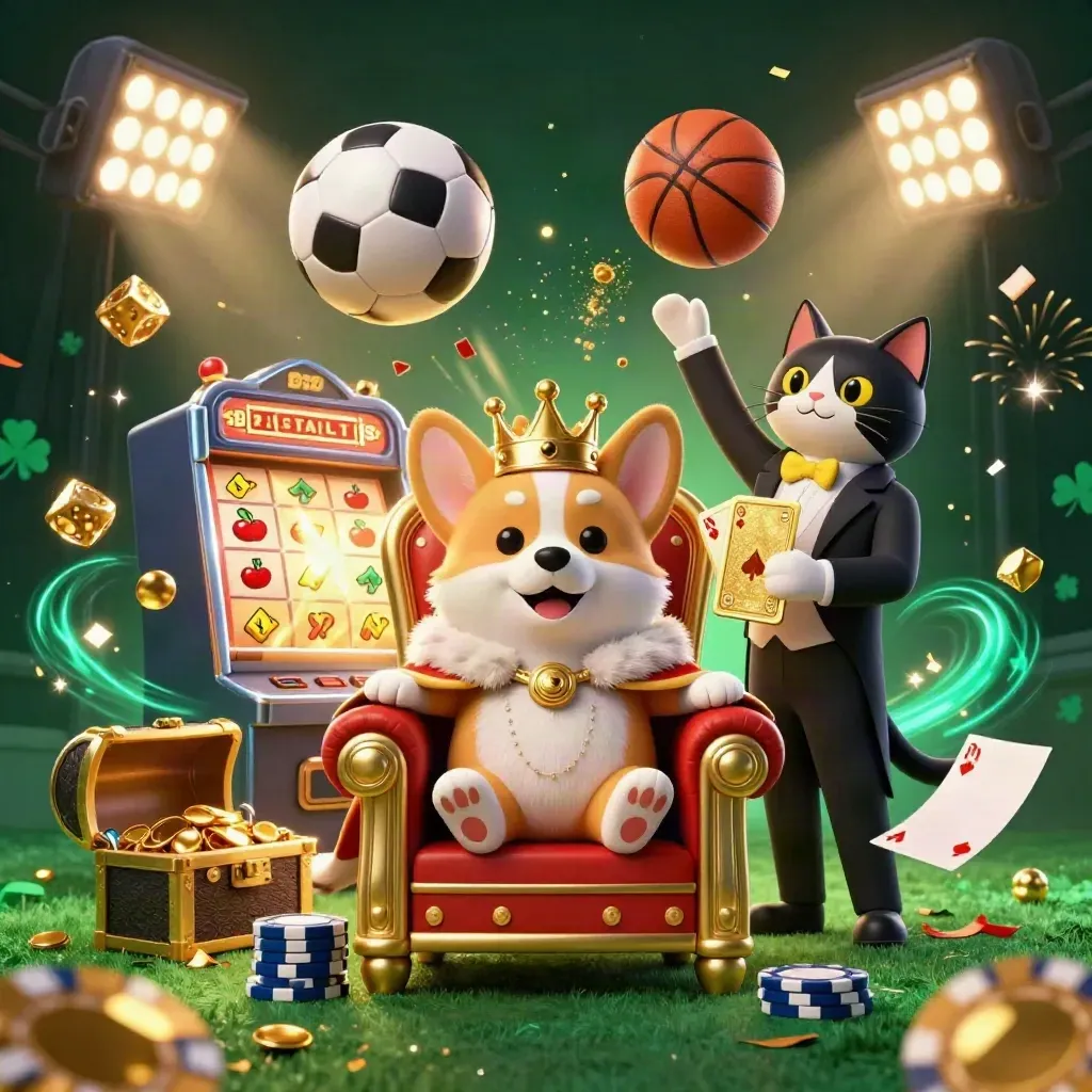 Corgi king and cat butler amid exploding casino sports icons, gold confetti, and blazing lights.