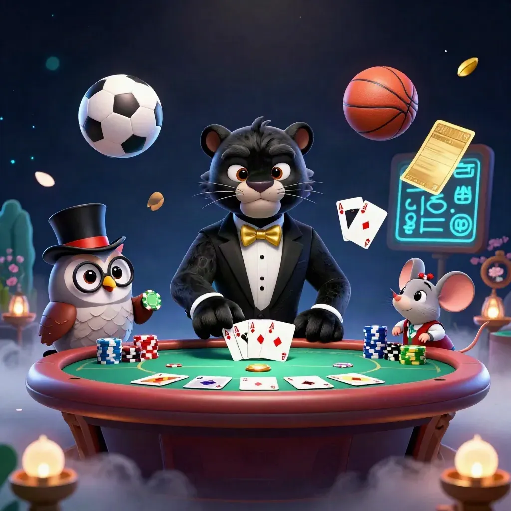 Panther, owl, and mouse at a casino table with chips, cards, and flying sports balls.