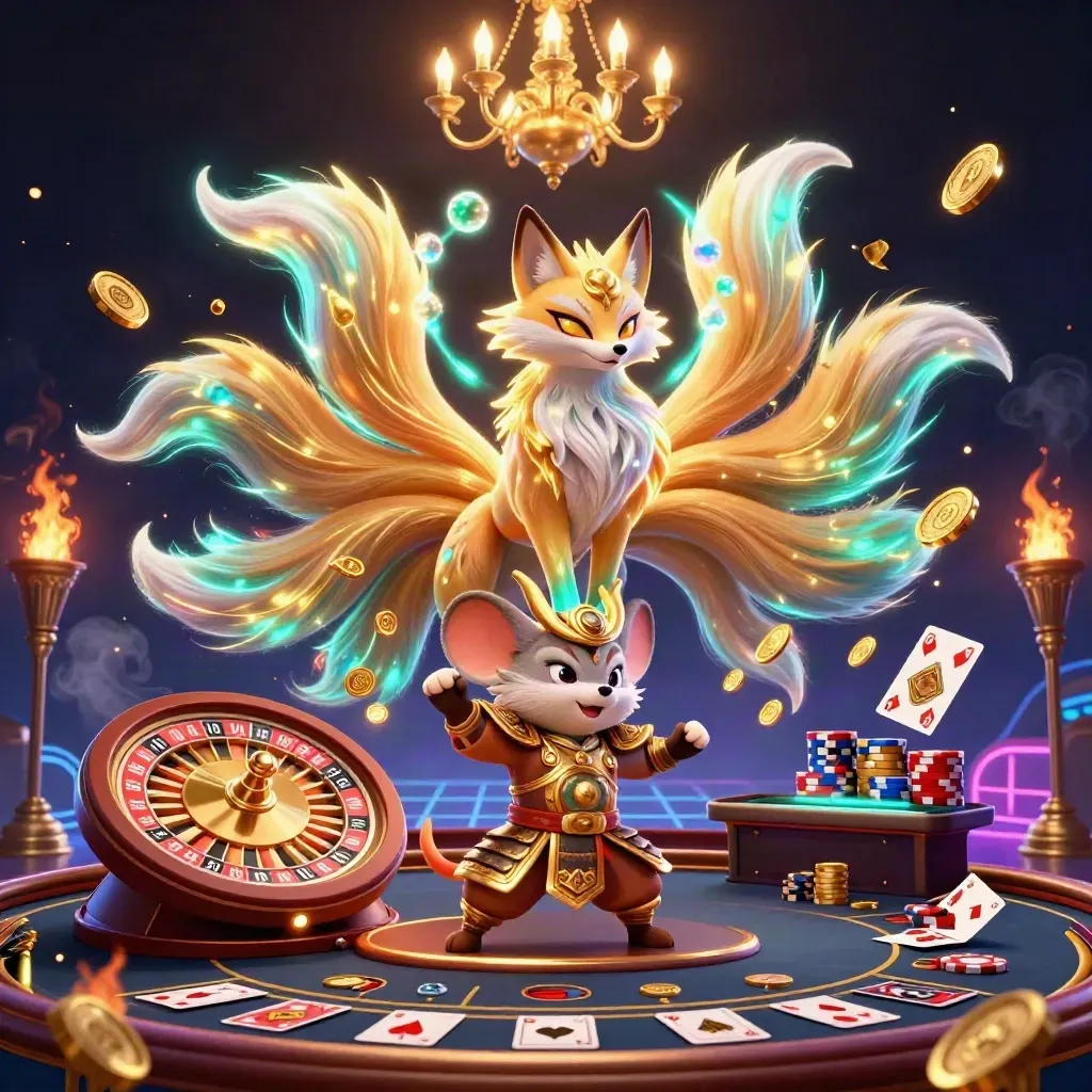 Neon fox spirit and samurai mouse amid casino lights, coins, roulette wheel, cards, and chips.