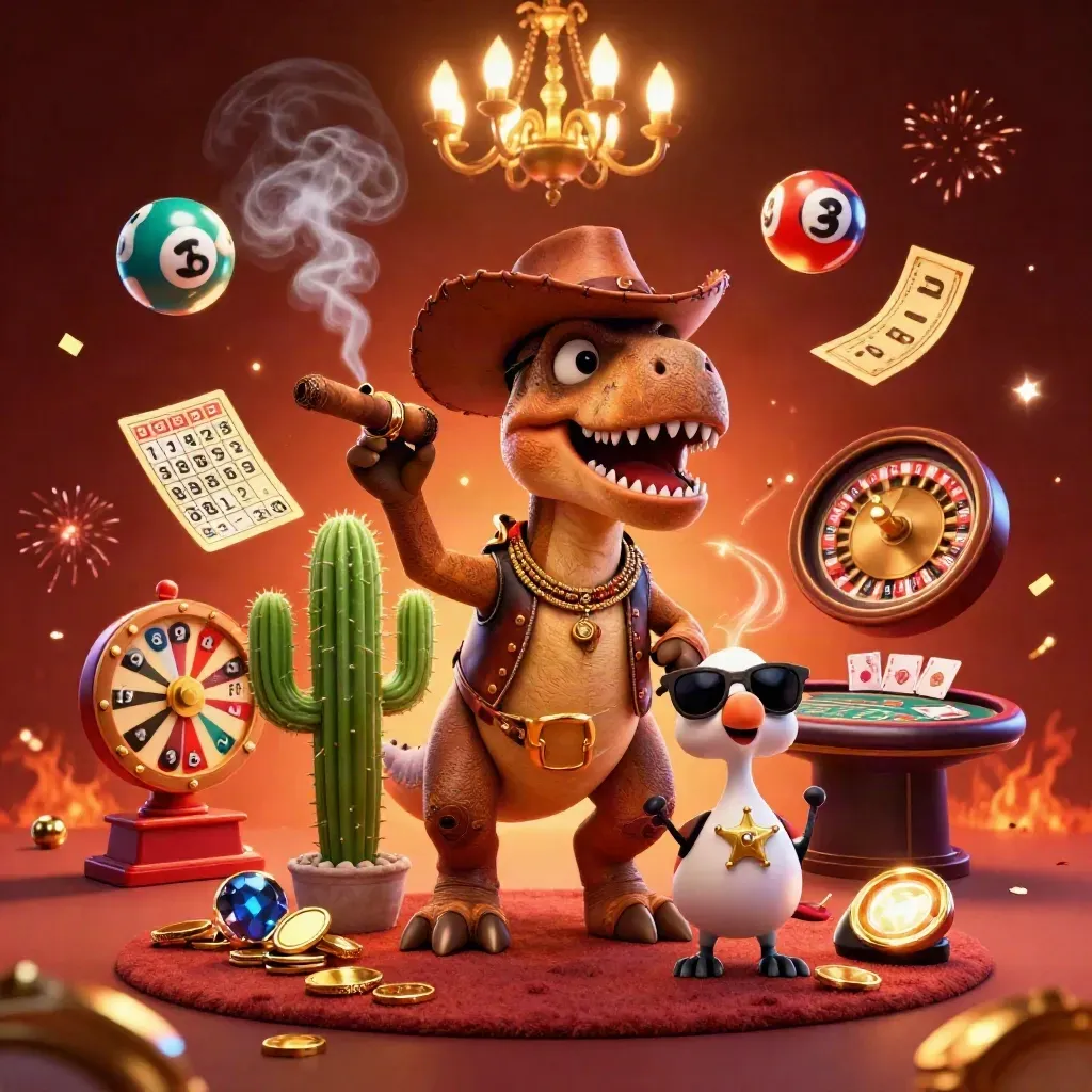 Cowboy T-Rex, cactus sidekick, and roadrunner in a neon casino splash with jackpots