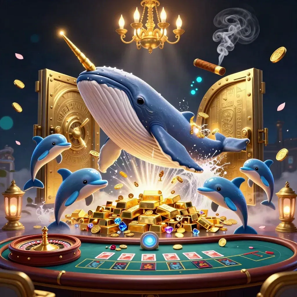 Whale captain, narwhal, dolphins, vault glow, gold bars, jewels and neon casino lights.