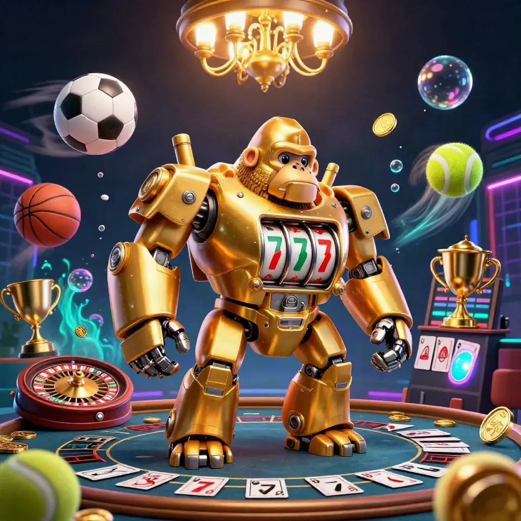 Golden gorilla mech with monkey pilot amid casino props, neon lights, and flying sports balls.