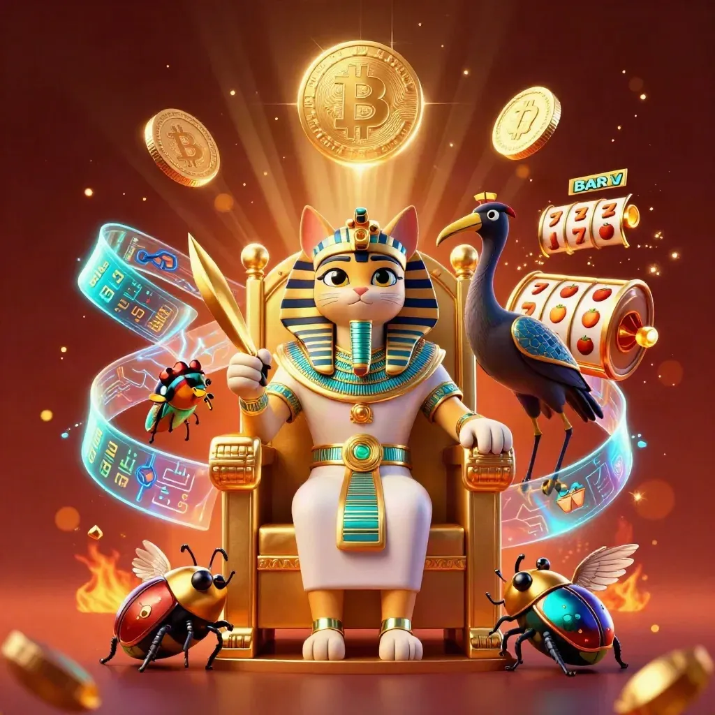 Pharaoh cat throne scene with ibis scribe, scarabs, crypto coins, and casino energy.