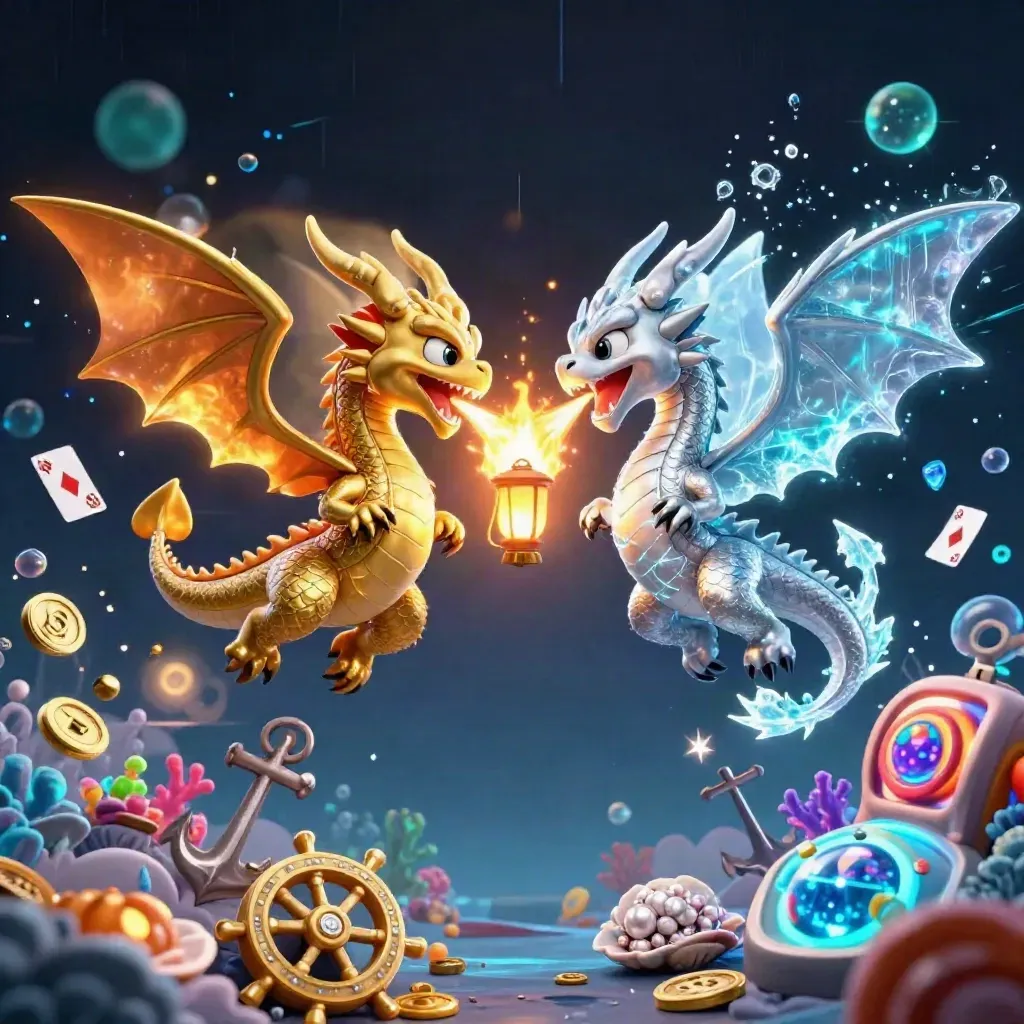 Gold and silver dragons swirl through a neon treasure cove with coins, coral, and glowing relics.