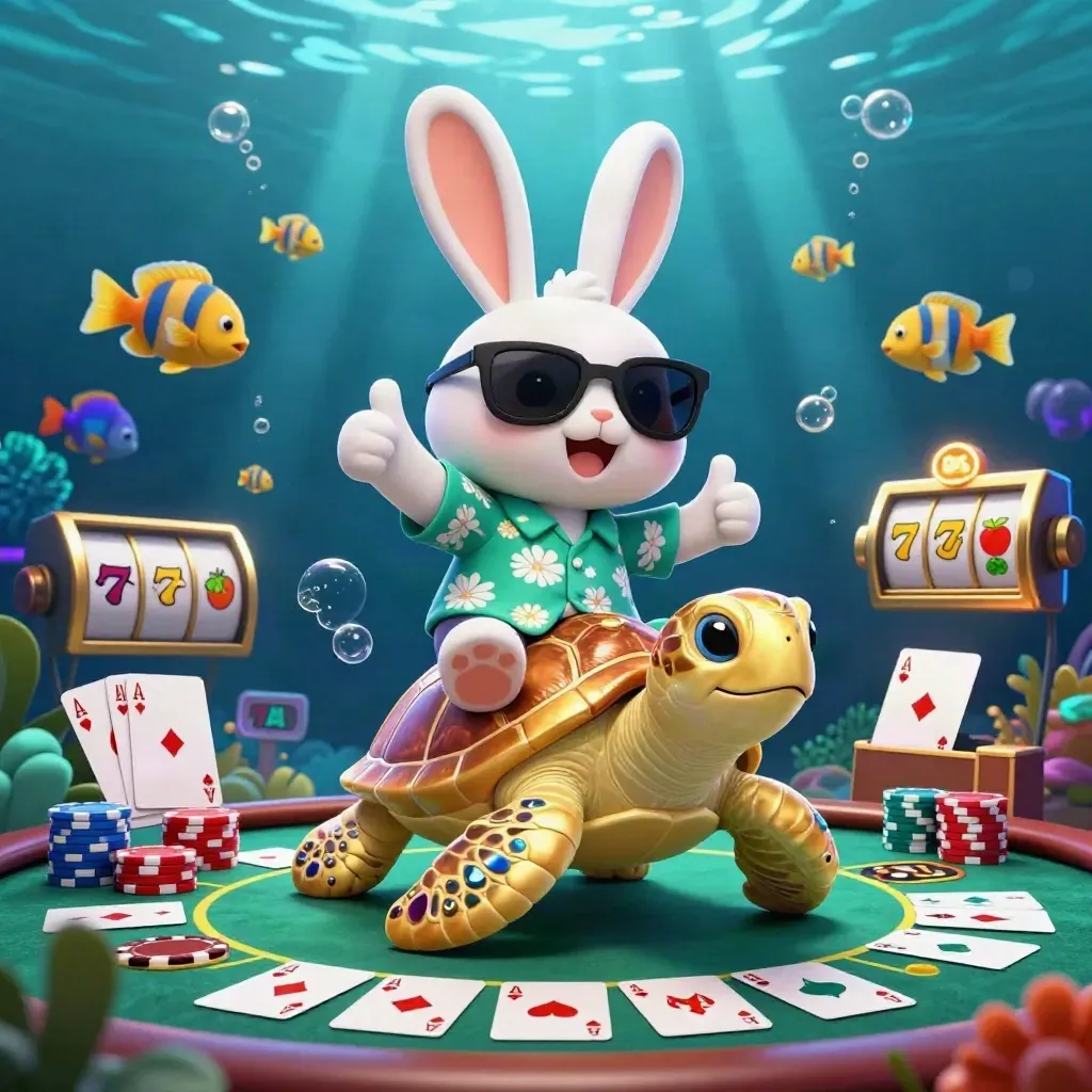 Lucky rabbit rides a gem-shell turtle underwater amid poker chips, cards, reels, and glowing casino effects.