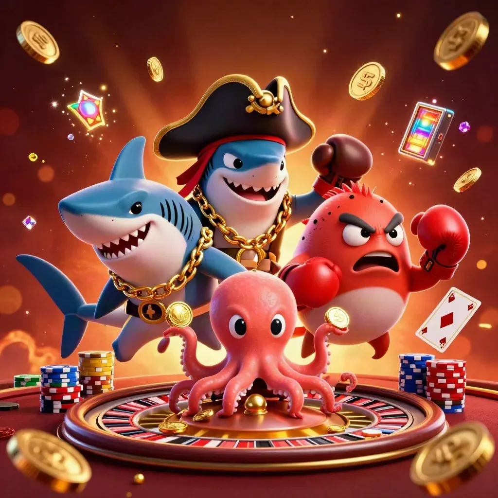 Pirate shark, boxing pufferfish, and juggling octopus amid coins, gems, cards, chips, and casino glow.