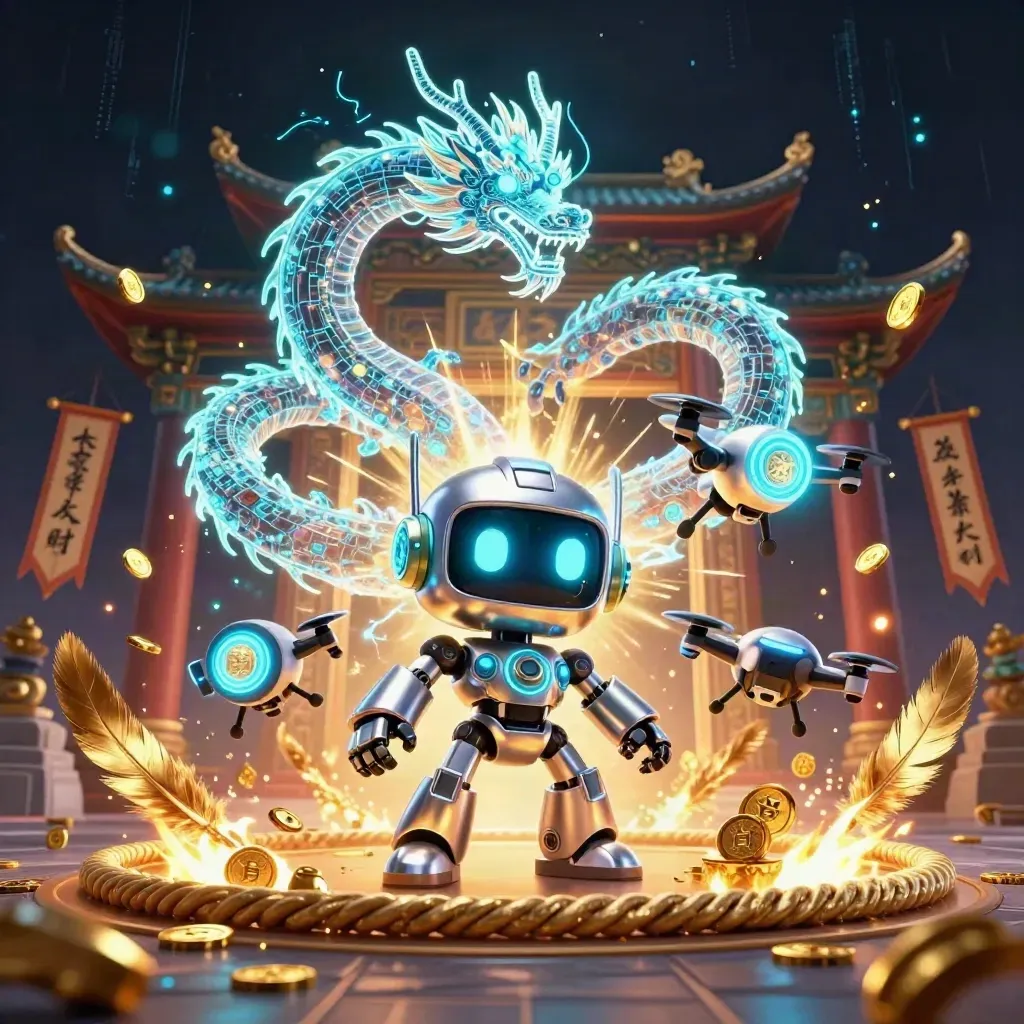 Cyberpunk robot, holographic dragon, and coin drone burst through a temple gate with gold sparks.