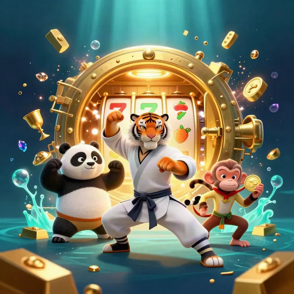 Kung-fu tiger, panda, and monkey burst from a glowing vault underwater with gold, gems, and teal light.