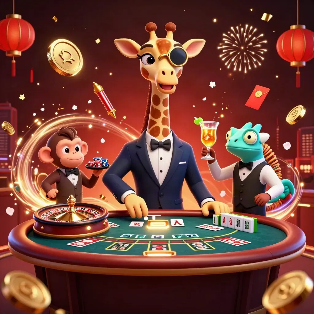 Giraffe, monkey, and chameleon in a neon casino burst with coins, lanterns, and fireworks.