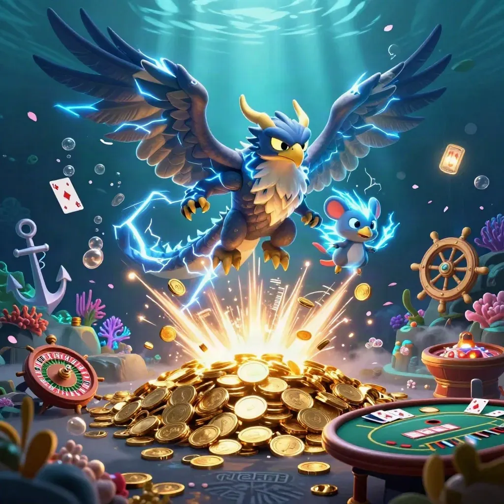 Thunder dragon, wind hawk, and thunder-mouse over an underwater coin-storm casino scene.