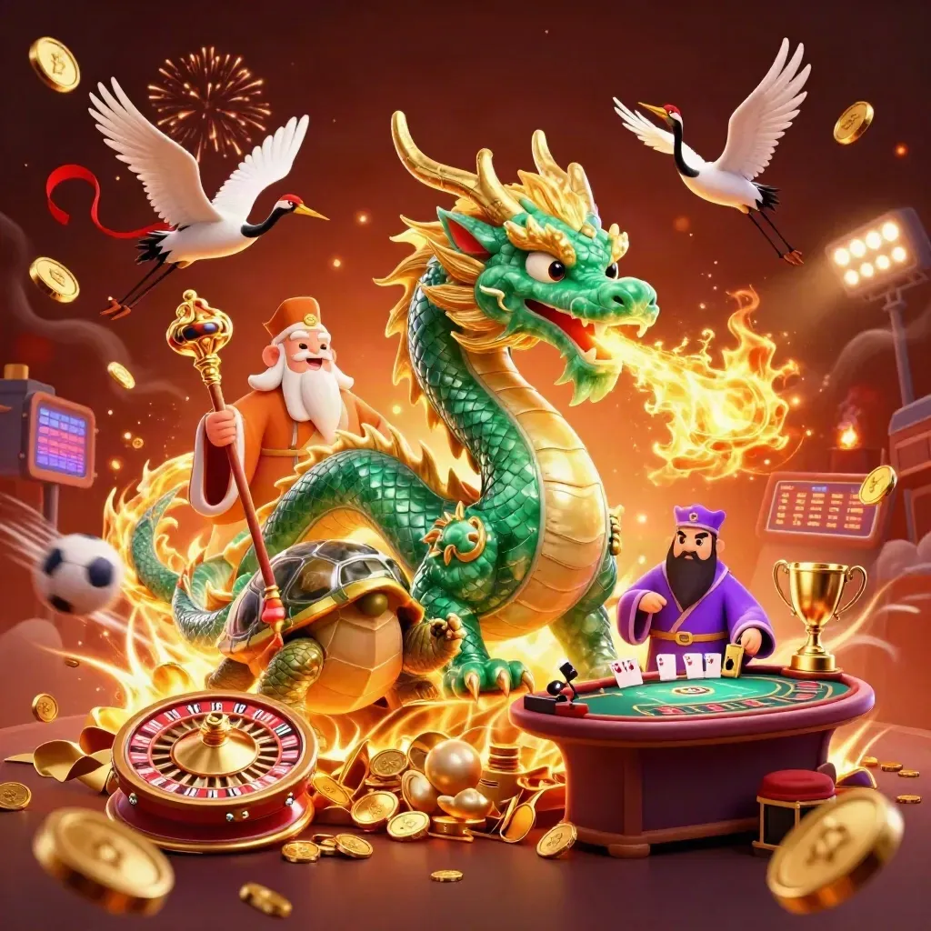 Emerald dragon, turtle sage, and cranes amid gold coins, roulette, cards, and fireworks.