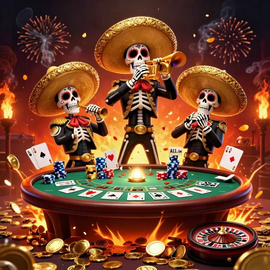 Day-of-the-Dead skeleton mariachi trio amid casino chips, cards, roulette, and gold bursts