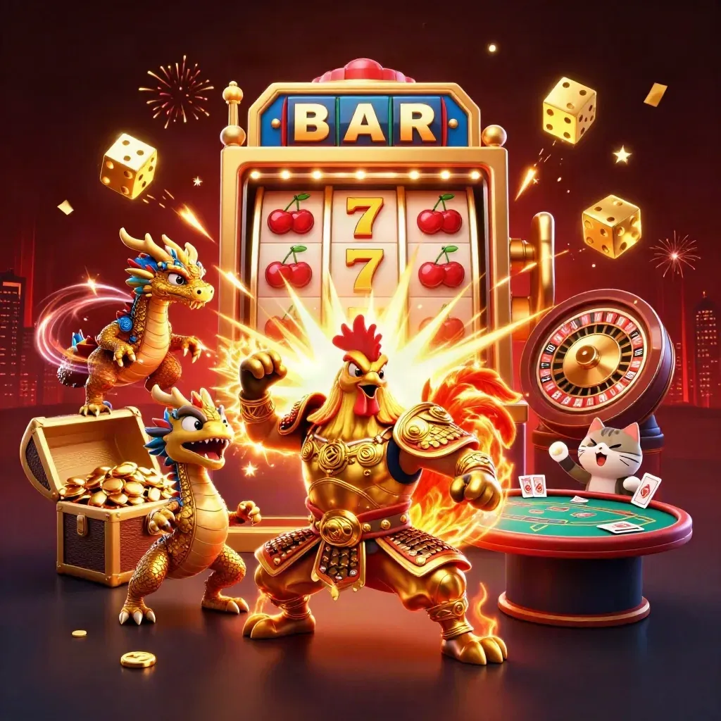 Rooster samurai, spark-breathing dragon hatchling and fortune-cat amid exploding slots and gold