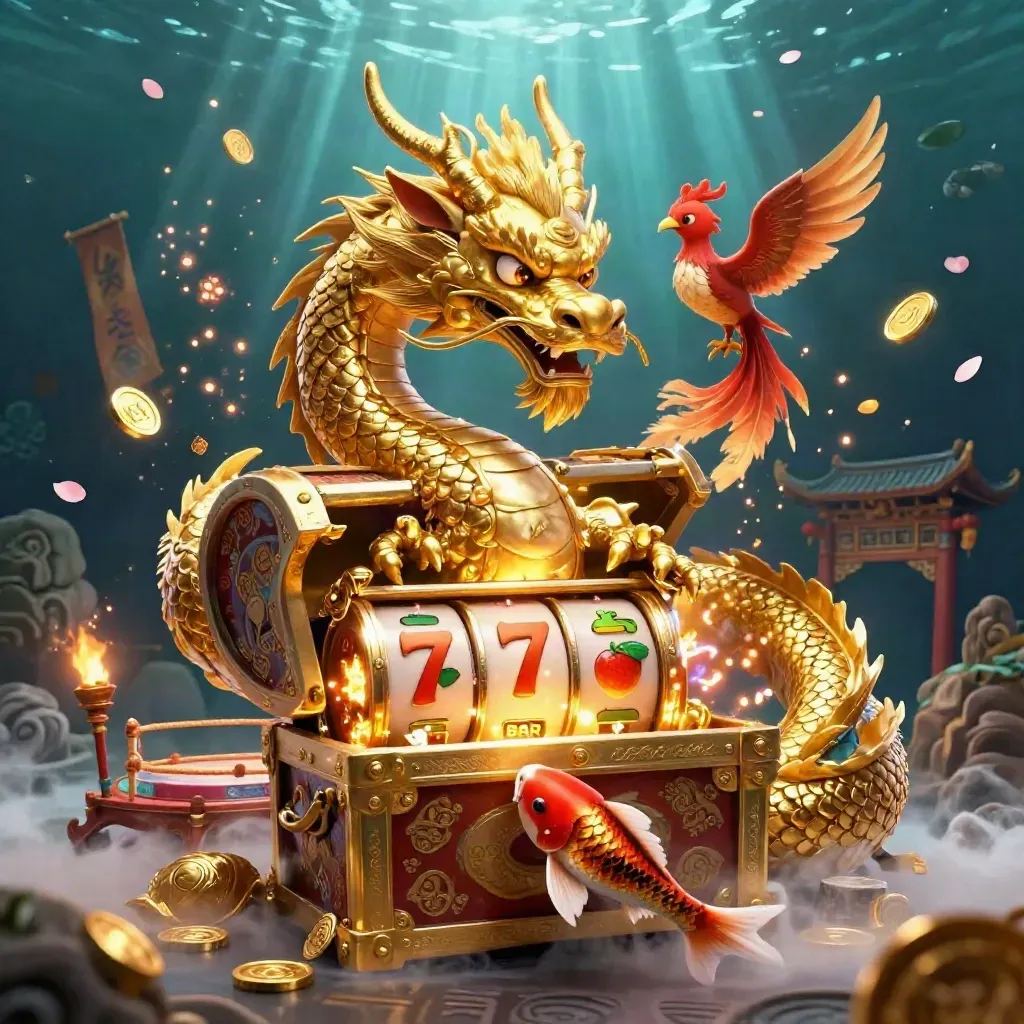 Golden dragon, phoenix and koi around a treasure chest in neon casino glow.