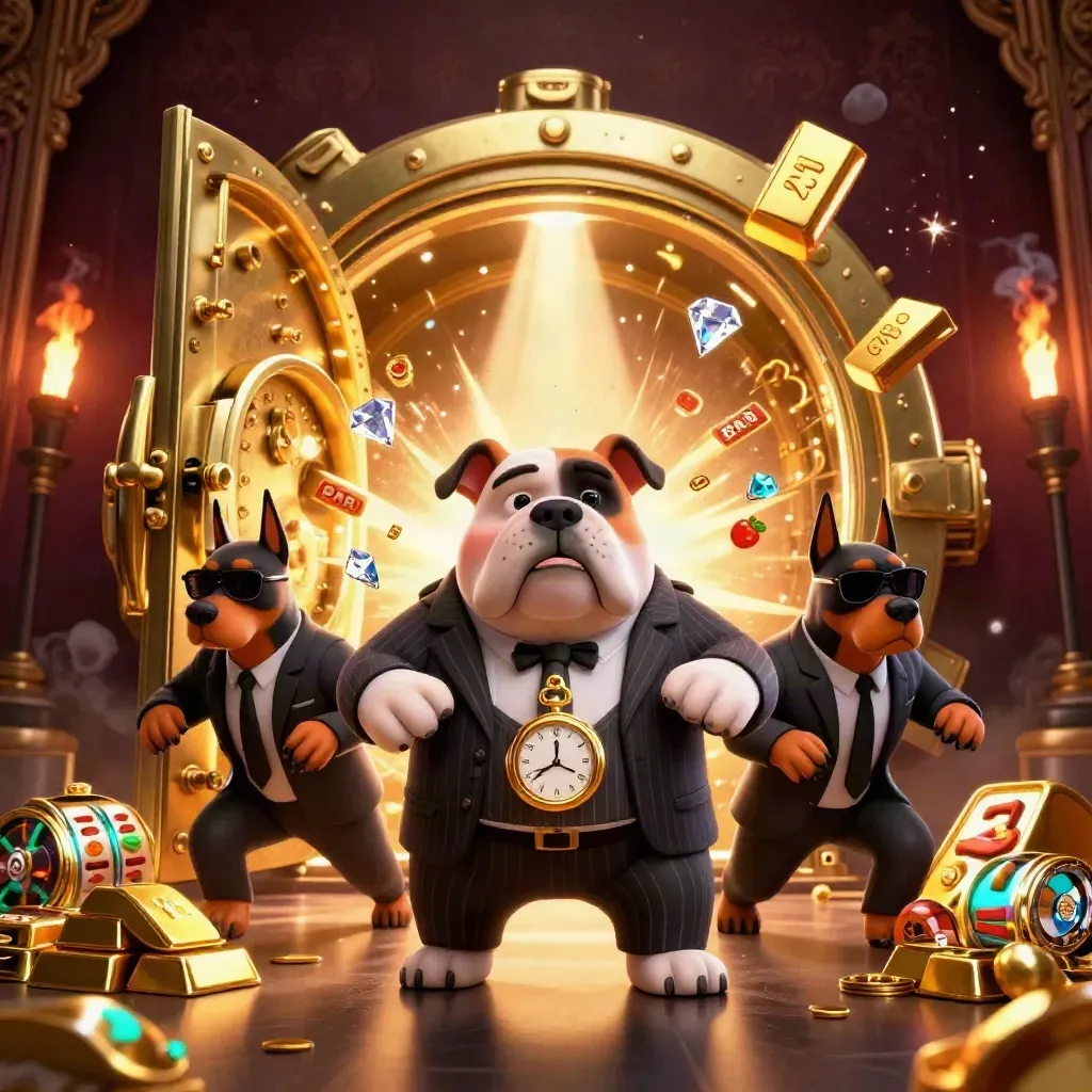 Bulldog mob boss and Doberman guards before a bursting golden vault, gold and gems flying