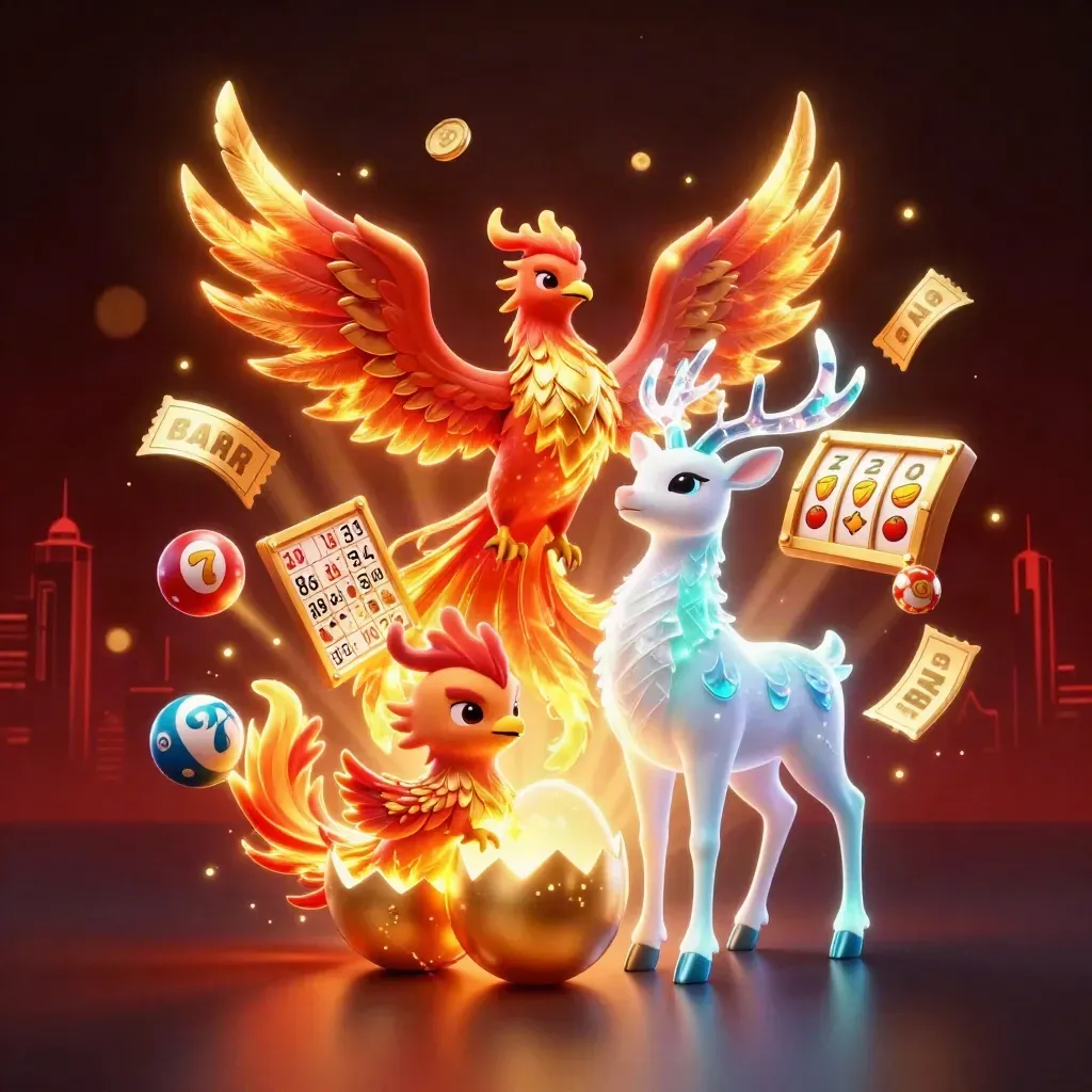 Phoenix trio, casino symbols, and skyline in neon gold and teal on a dark red-black background.