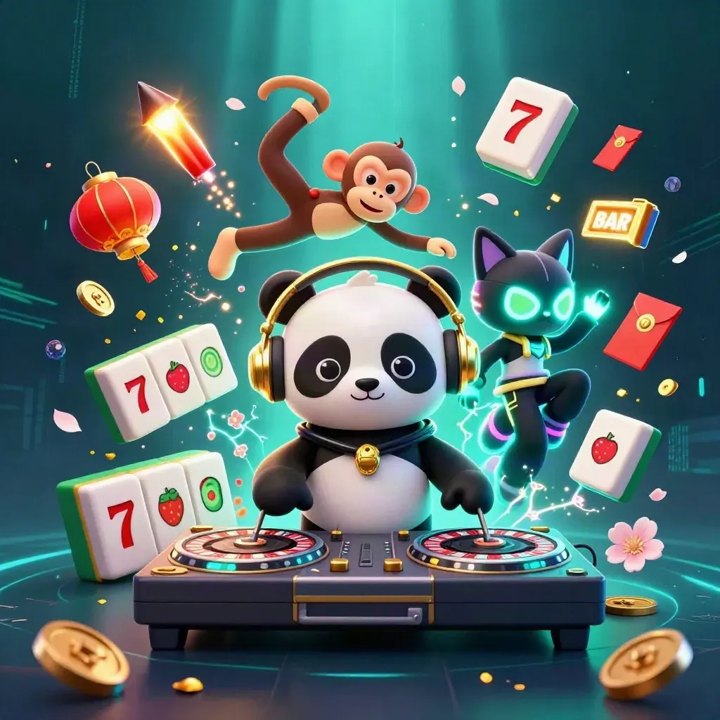 DJ panda, breakdancing monkey, and glow-stick kitten amid casino reels and neon effects