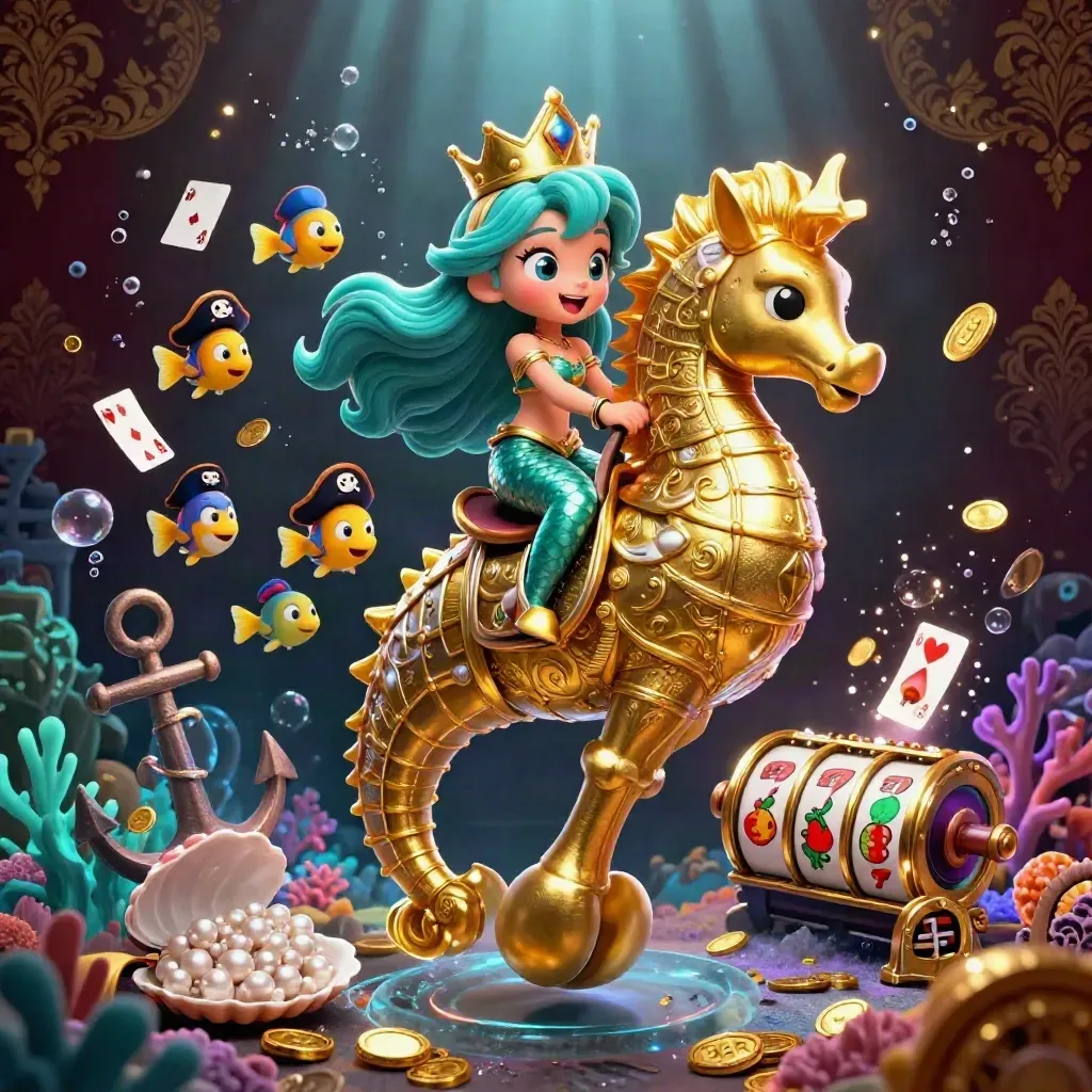 Mermaid princess on armored seahorse amid pirate fish, coins, cards, and glowing treasure