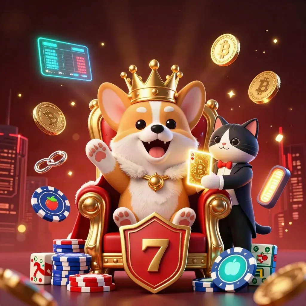 Royal corgi and cat butler amid casino coins, cards, reels, and neon energy.